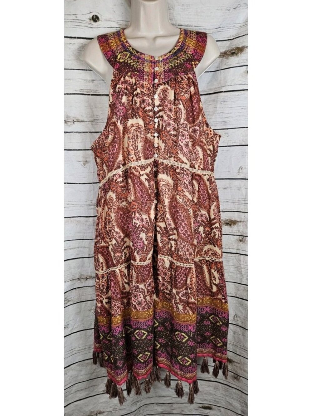 Sundance Paisley Print Tassel Fringe Dress L Embroidered Sleeveless Boho Pink